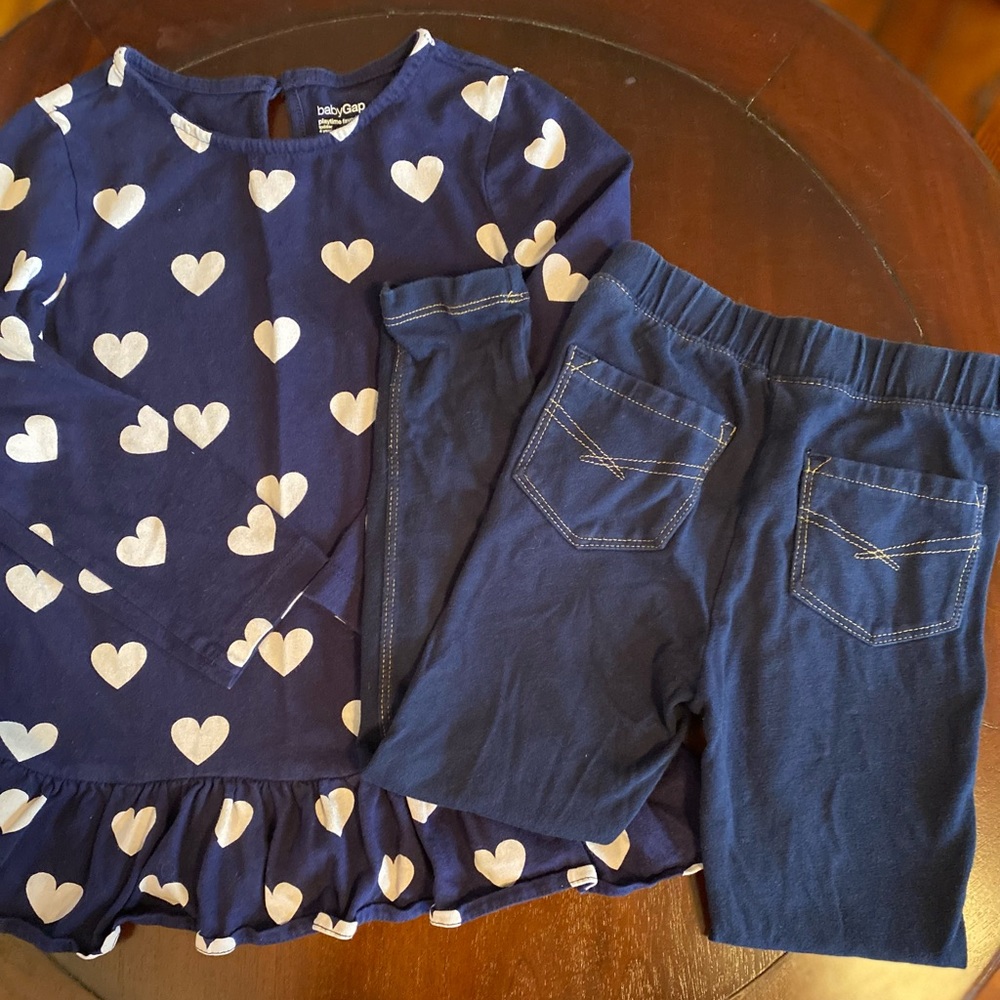 Gap Outfit blue tunic ruffle heart top matching pull on jeans size 4T